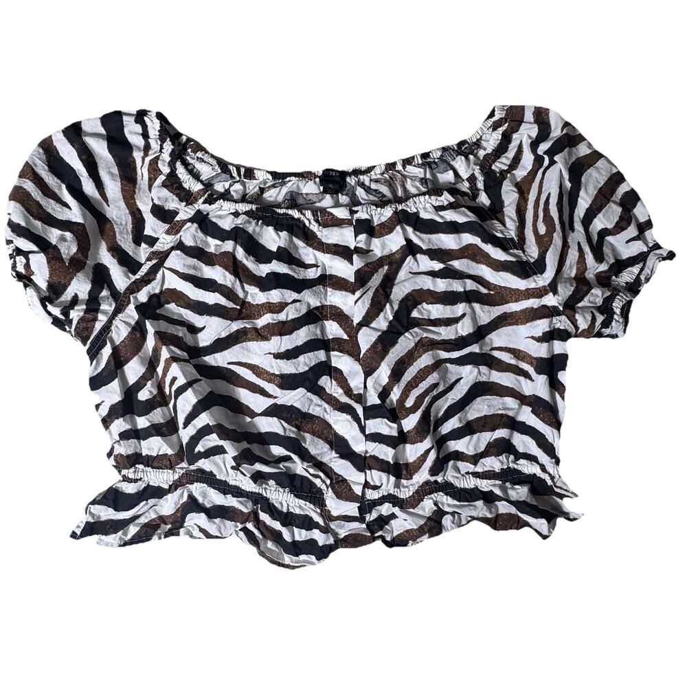 J.Crew Womens Brown Animal Print Cropped Ruffle Blouse XL 100% Cotton